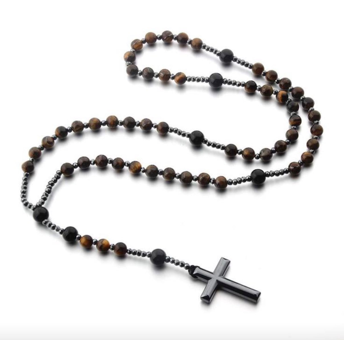 Chapelet en Œil de Tigre, Obsidienne noir et Hématite