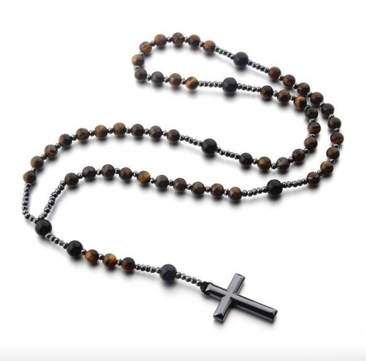 Chapelet en Œil de Tigre, Obsidienne noir et Hématite