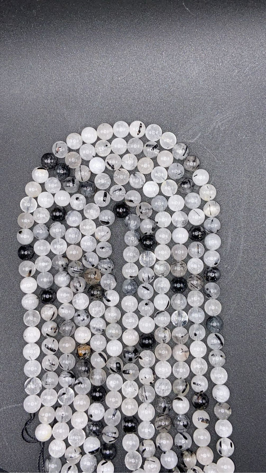FIL DE PERLE QUARTZ RUTILE DE TOURMALINE NOIR - 8mm