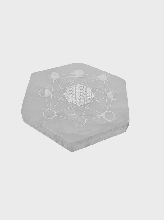 PLAQUE HEXAGONALE PHASE LUNAIRE ET FLEUR DE VIE SÉLÉNITE BLANCHE
