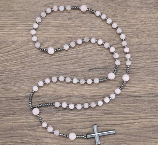 Chapelet en Quartz Rose et Hématite