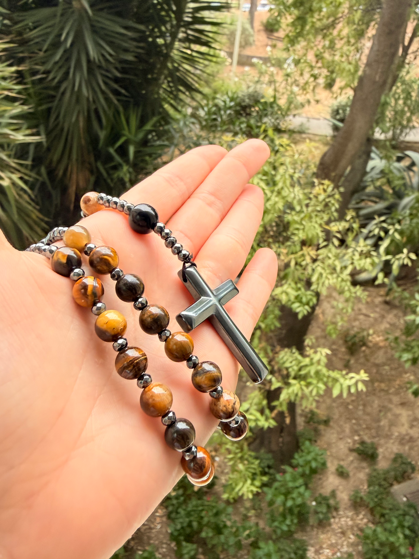 Chapelet en Œil de Tigre, Obsidienne noir et Hématite