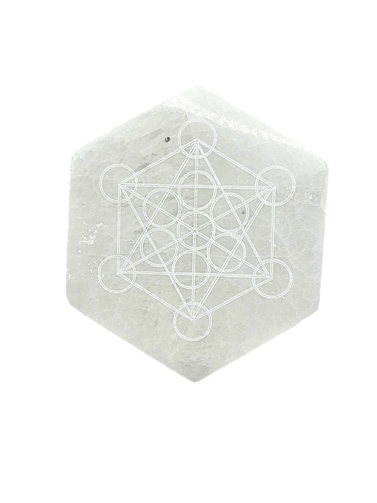 PLAQUE HEXAGONALE MÉTATRON SÉLÉNITE BLANCHE