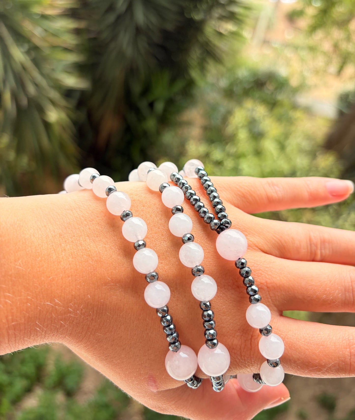 Chapelet en Quartz Rose et Hématite