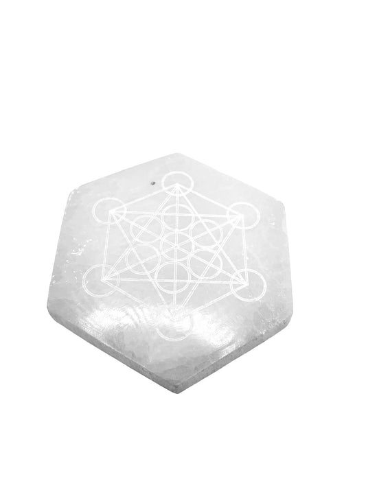 PLAQUE HEXAGONALE MÉTATRON SÉLÉNITE BLANCHE