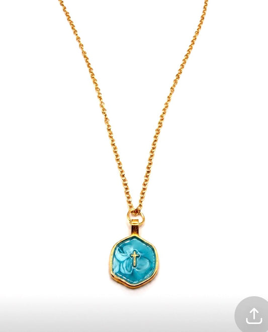 Collier croix en émail bleu
