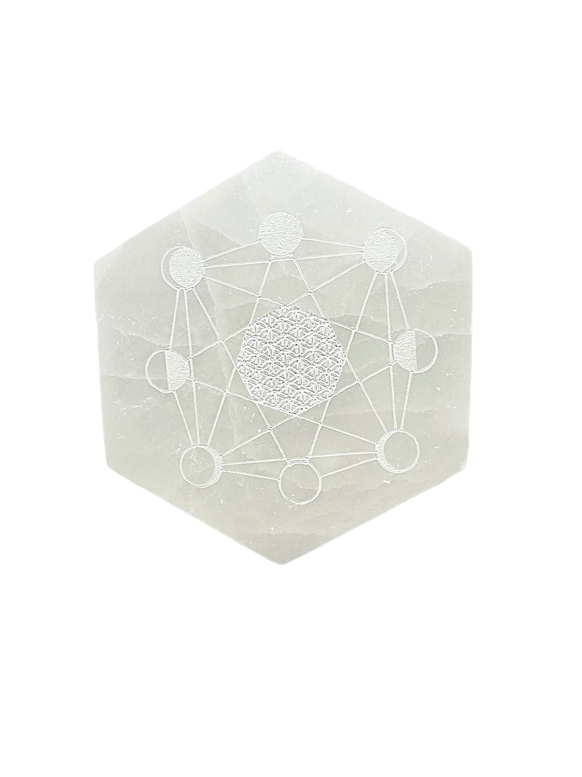 PLAQUE HEXAGONALE PHASE LUNAIRE ET FLEUR DE VIE SÉLÉNITE BLANCHE