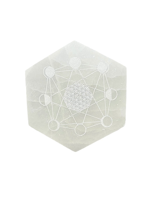 PLAQUE HEXAGONALE PHASE LUNAIRE ET FLEUR DE VIE SÉLÉNITE BLANCHE
