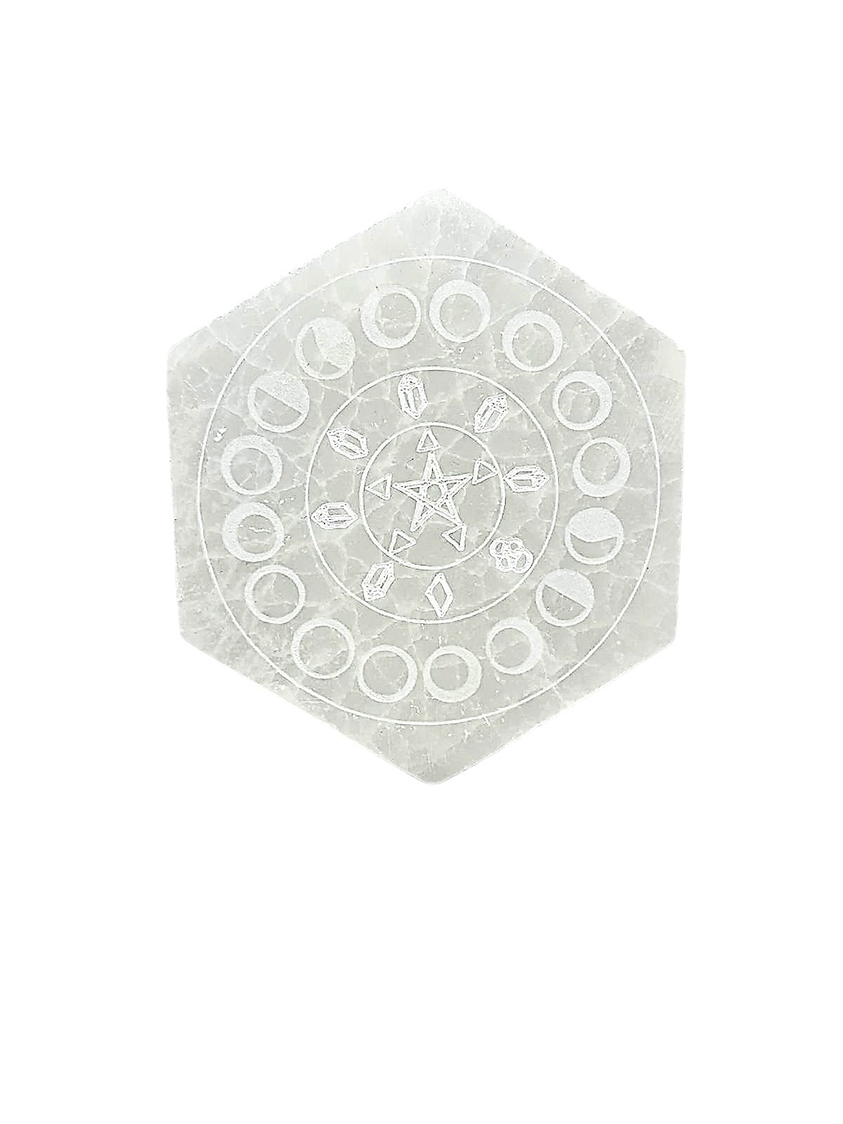 PLAQUE HÉXAGONALE PENTAGRAMME ET PHASE LUNAIRE SÉLÉNITE BLANCHE