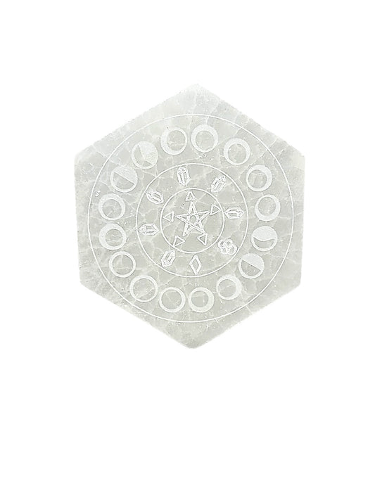 PLAQUE HÉXAGONALE PENTAGRAMME ET PHASE LUNAIRE SÉLÉNITE BLANCHE