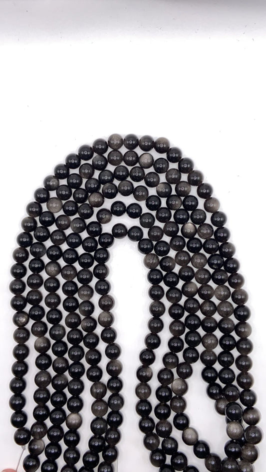 FIL DE PERLE 8MM - OBSIDIENNE ARGENTÉ