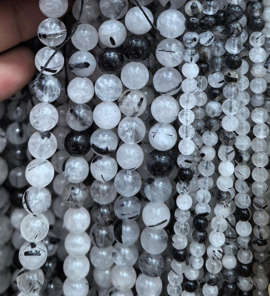 FIL DE PERLE QUARTZ RUTILE DE TOURMALINE NOIR - 8mm