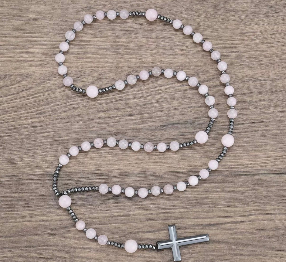Chapelet en Quartz Rose et Hématite
