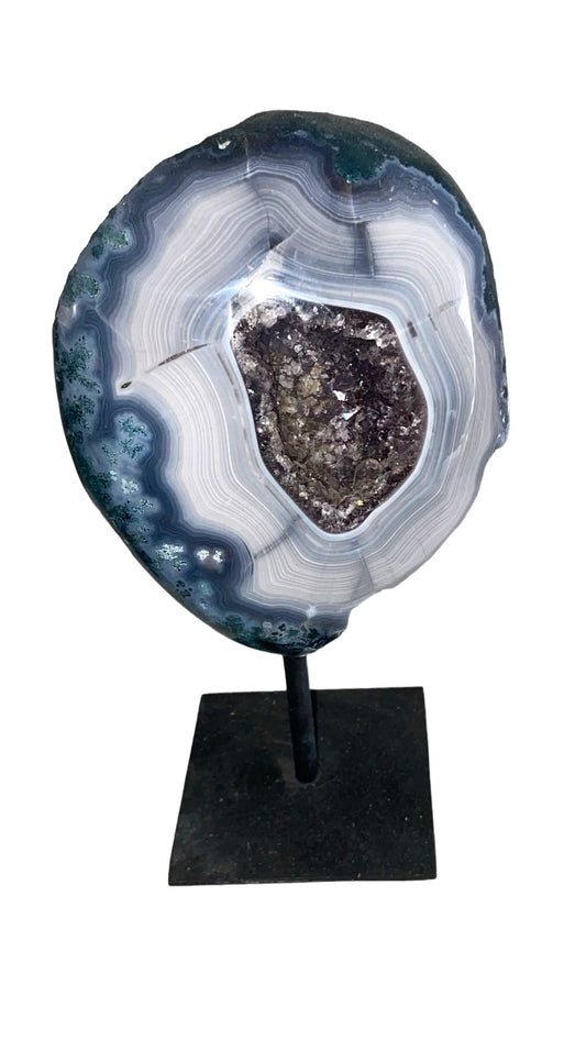 GÉODE DE CALCÉDOINE BLEUE SUR FER FORGÉ  1,5 Kg