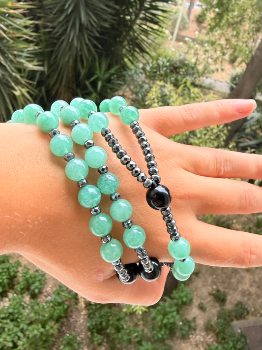 Chapelet en Aventurine Verte, Obsidienne noir et Hématite
