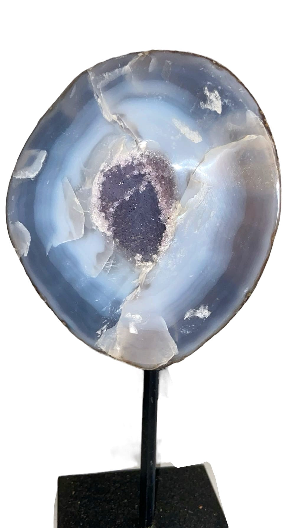 GÉODE DE CALCÉDOINE BLEUE SUR FER FORGÉ  0,795 Kg